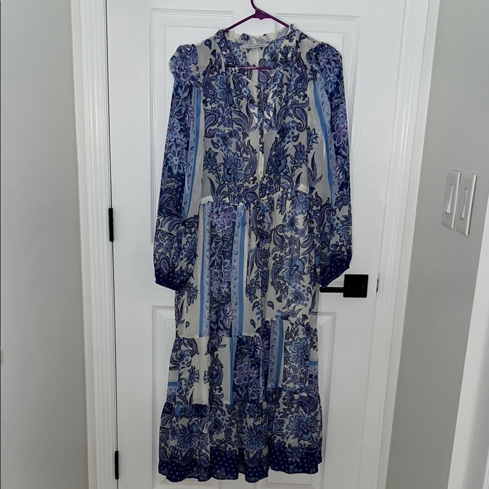 Blue and White Long Sleeve Sundress with Bishop Sleeves